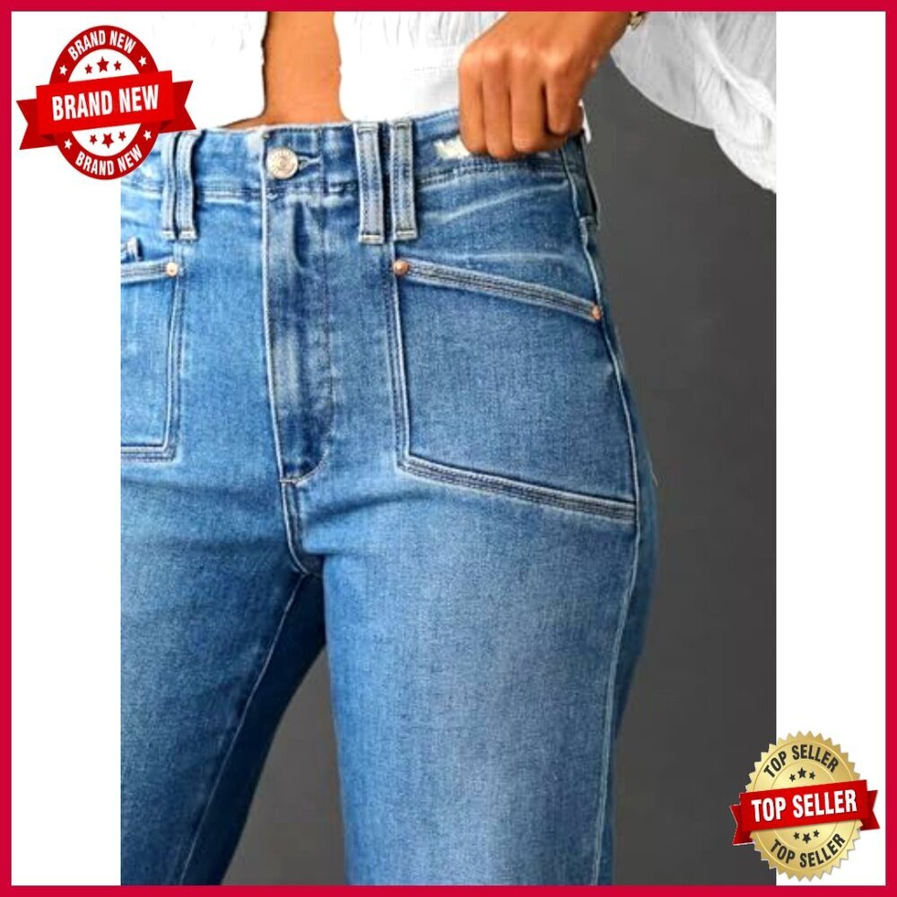 Women's High Waist Wide Leg Stretch Jeans Straight Fit Casual Pants - Picture 4 of 6